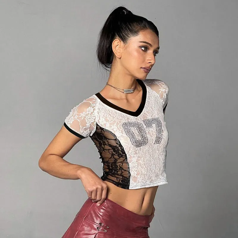 Chic French-Inspired Beaded Lace See-Through Patchwork T-Shirt