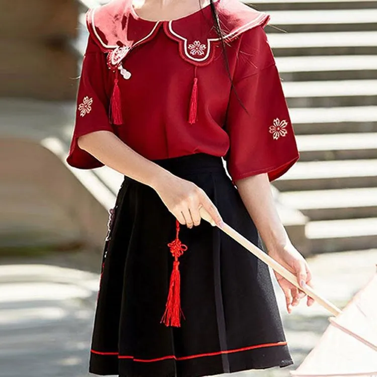 Chinese Style Hanfu Elements Flower Embroidery T-shirt Skirt Set Tassel UB6311