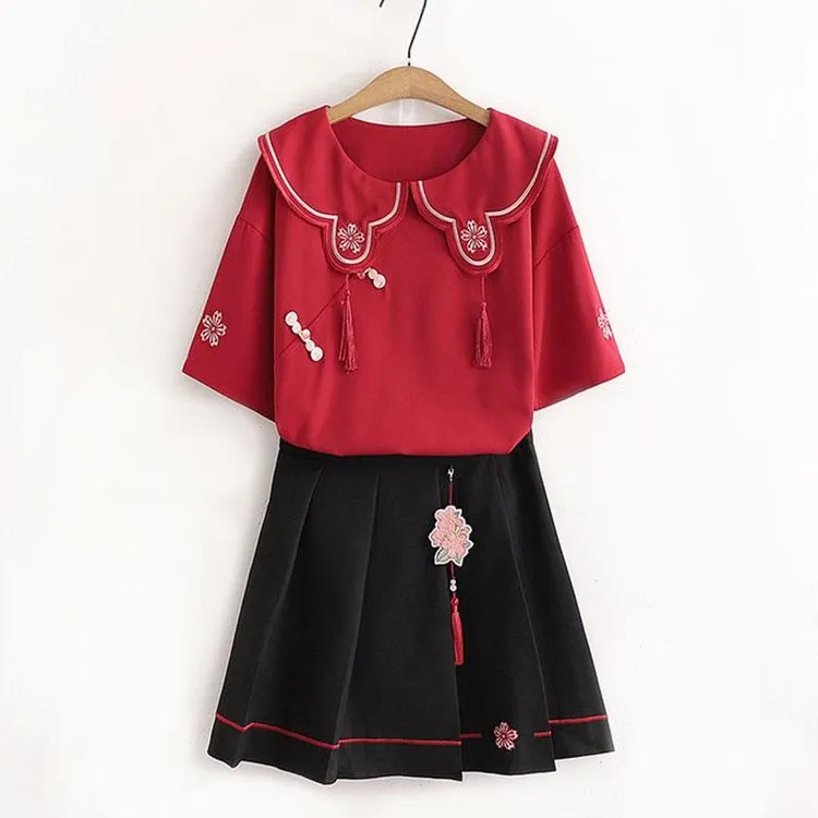 Chinese Style Hanfu Elements Flower Embroidery T-shirt Skirt Set Tassel UB6311