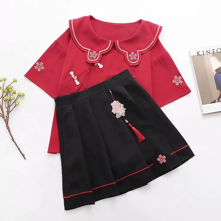 Chinese Style Hanfu Elements Flower Embroidery T-shirt Skirt Set Tassel UB6311