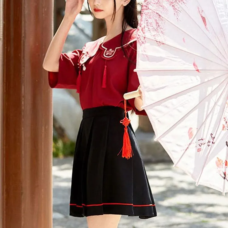 Chinese Style Hanfu Elements Flower Embroidery T-shirt Skirt Set Tassel UB6311