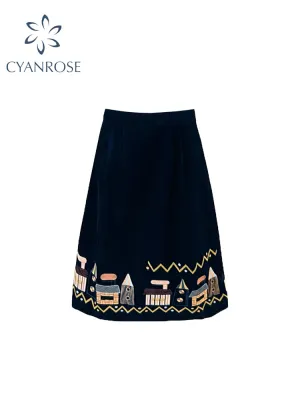 christmas outfit JazzHer Women's Navy A-line Skirt Vintage 90s Aesthetic Pattern Skirts Harajuku Korean Oversize Y2k Long Skirts 2000s Emo Clothes Summer