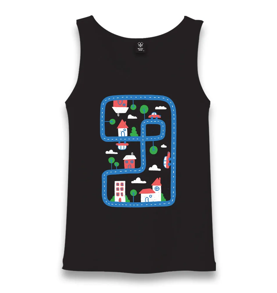 City Roads and Houses in Kids Style Unisex Black Tank Top