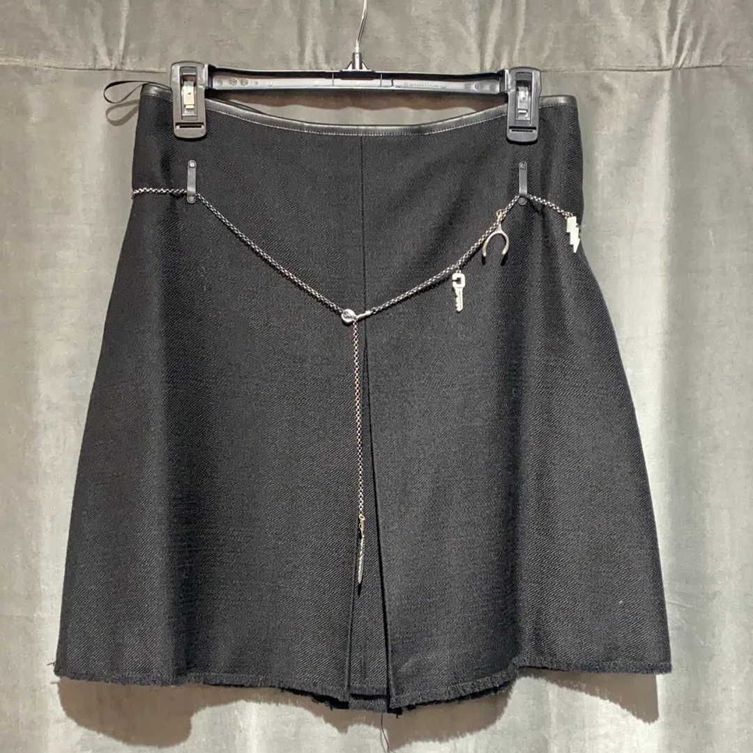Coach Black Wool Kick Pleat Skirt with Charm Chain Belt