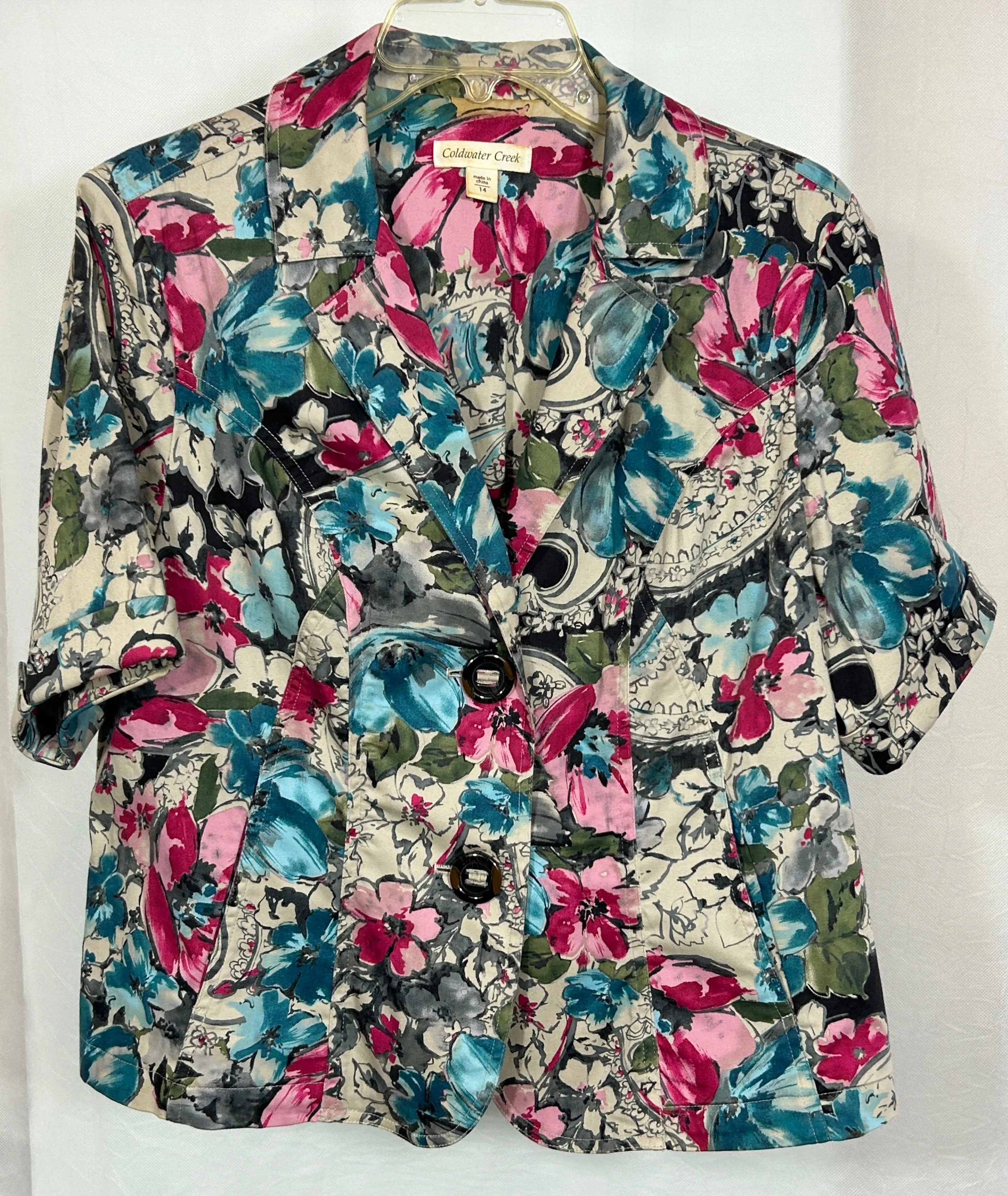 Coldwater Creek Floral Print Blazer - Size 14 - Button Front Short Sleeve Jacket