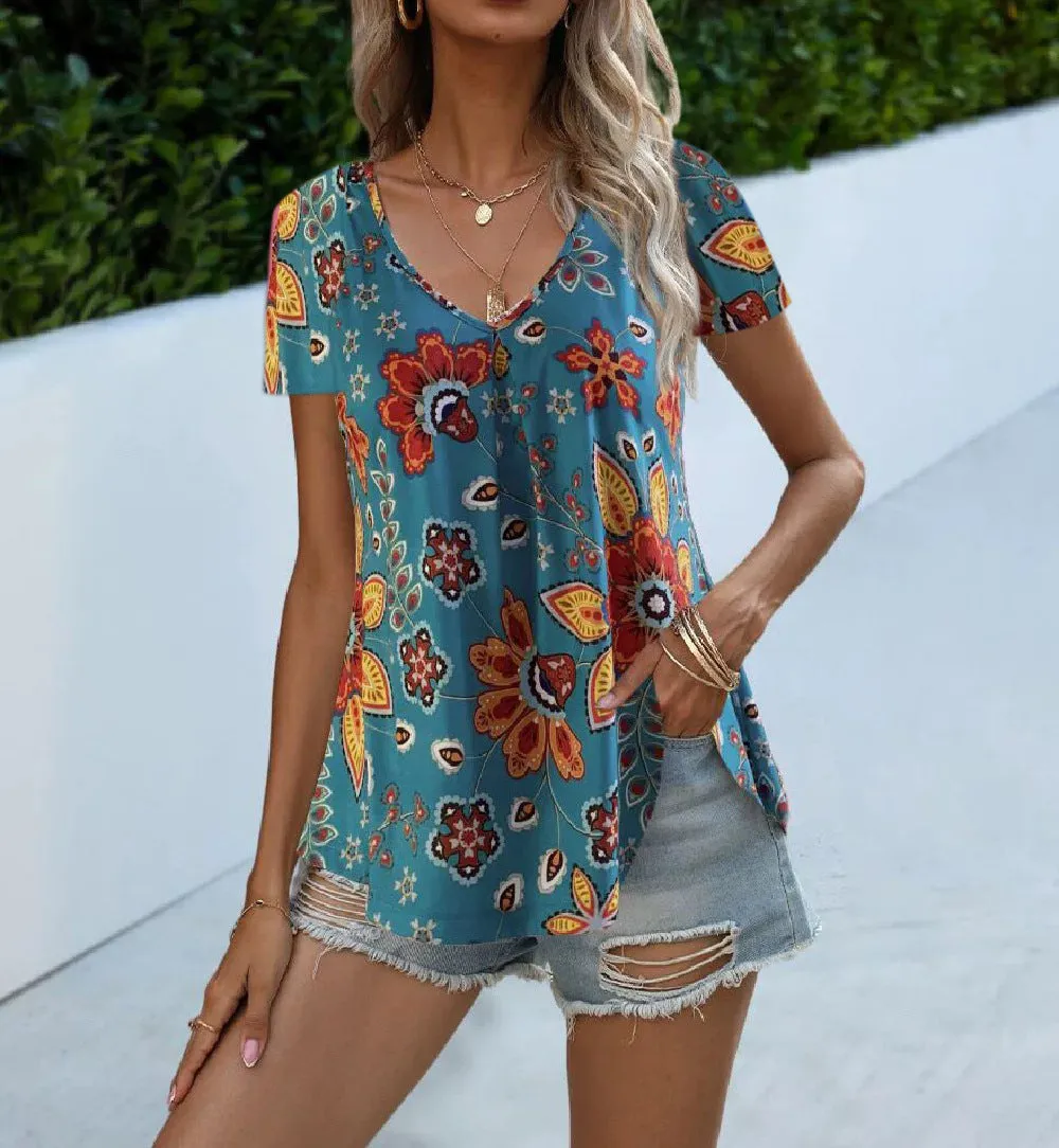 Colorful Floral Print V-Neck Short Sleeve Blouse