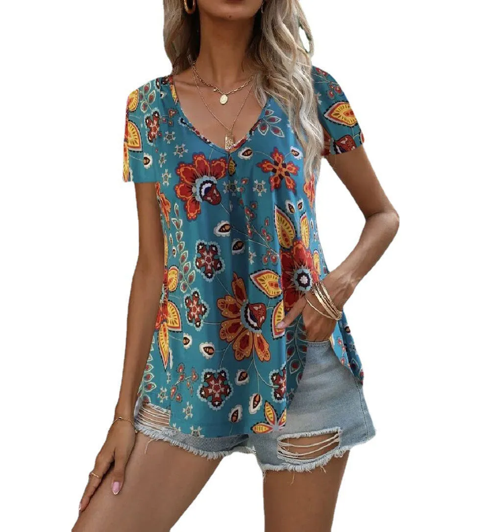 Colorful Floral Print V-Neck Short Sleeve Blouse