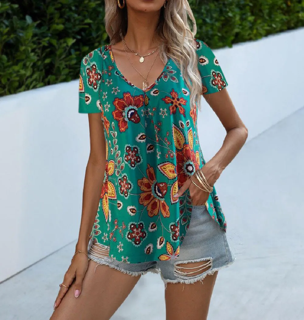 Colorful Floral Print V-Neck Short Sleeve Blouse