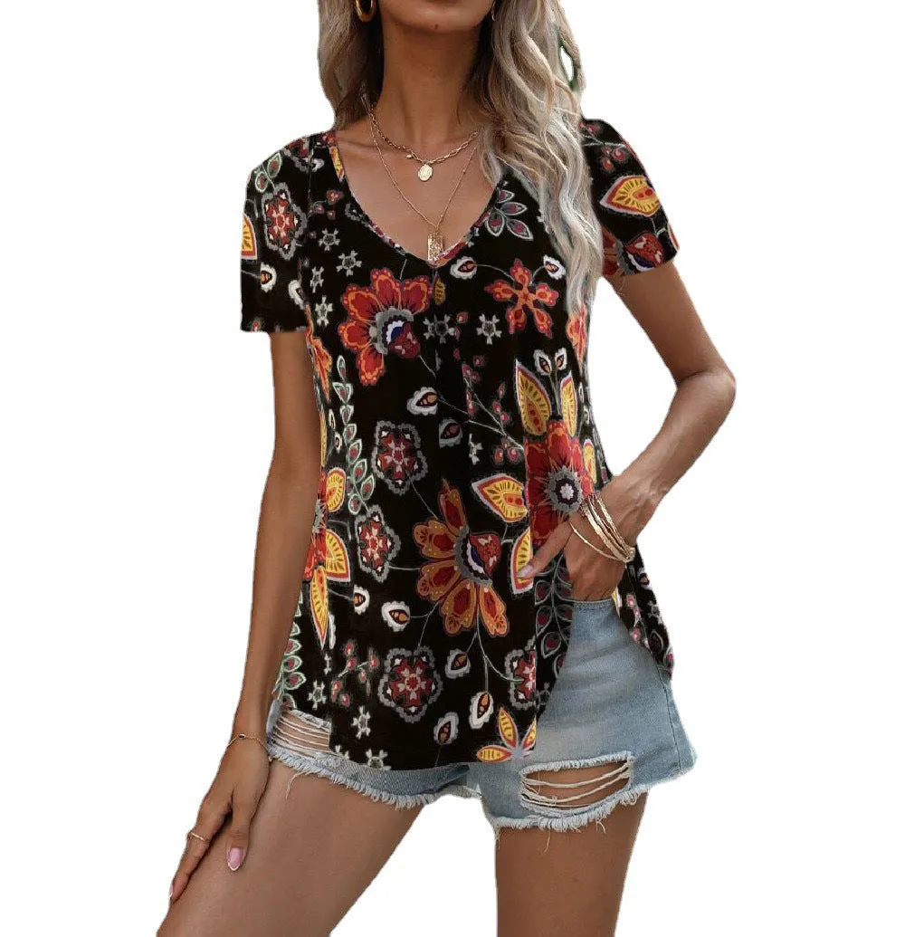 Colorful Floral Print V-Neck Short Sleeve Blouse