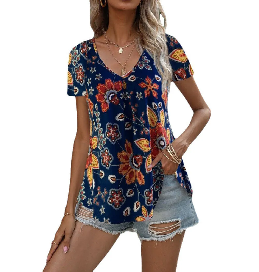 Colorful Floral Print V-Neck Short Sleeve Blouse