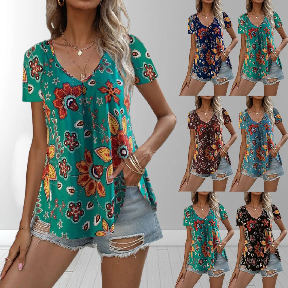 Colorful Floral Print V-Neck Short Sleeve Blouse