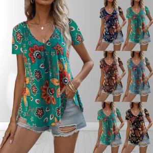Colorful Floral Print V-Neck Short Sleeve Blouse