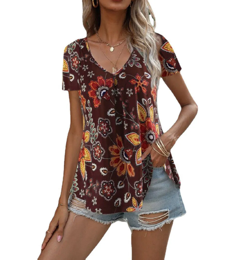 Colorful Floral Print V-Neck Short Sleeve Blouse