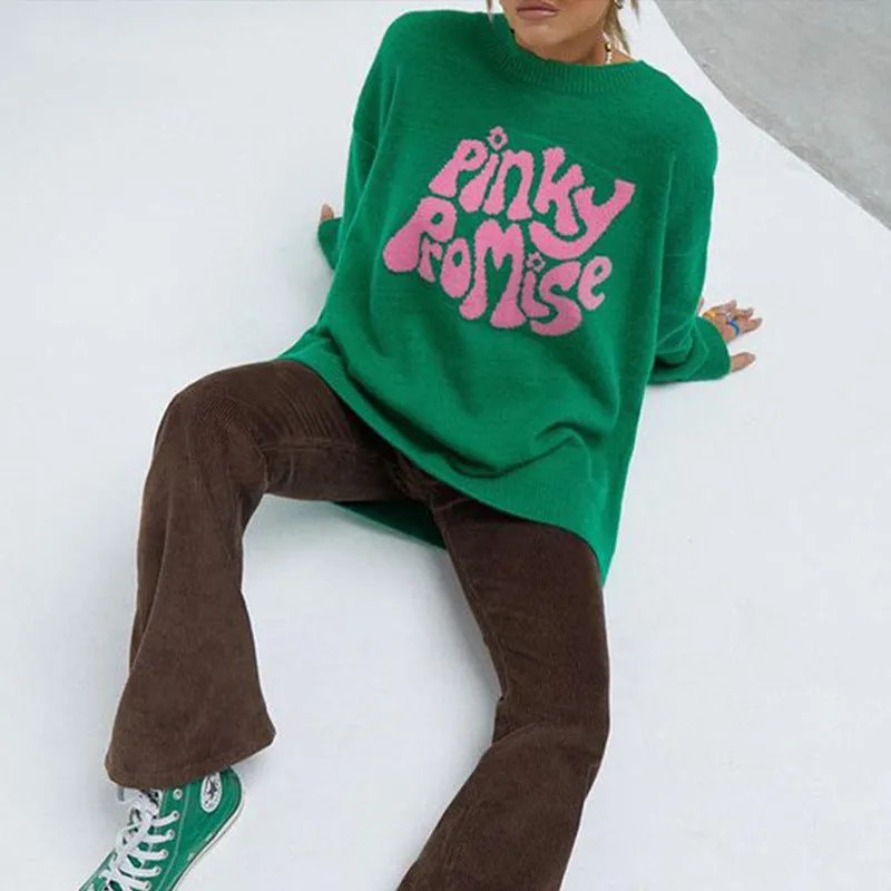 Cozy Lettered Jacquard Knit Oversized Sweater Pullover