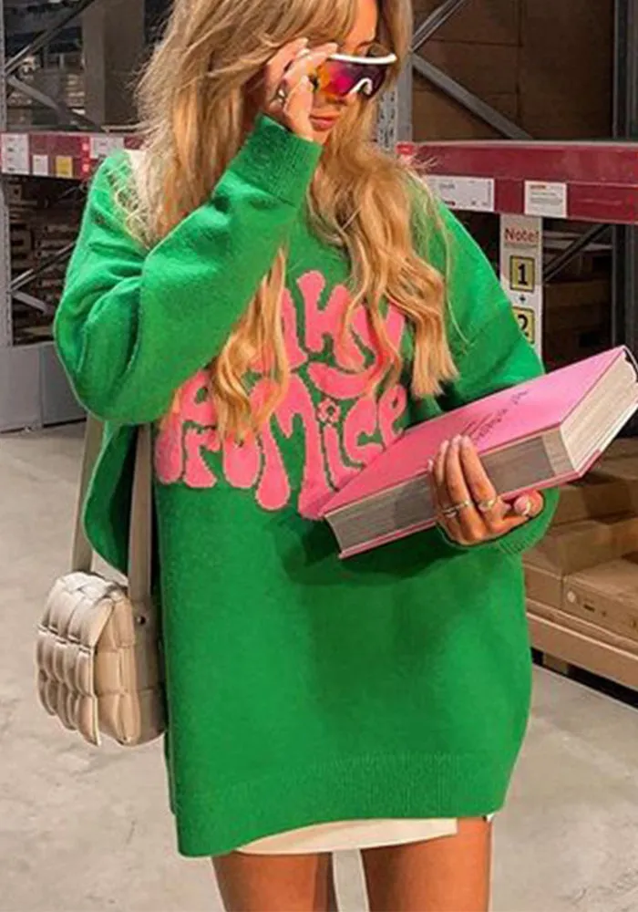 Cozy Lettered Jacquard Knit Oversized Sweater Pullover
