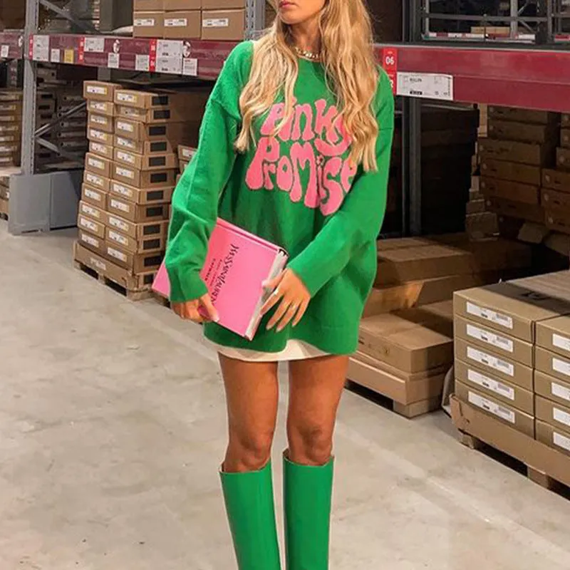 Cozy Lettered Jacquard Knit Oversized Sweater Pullover