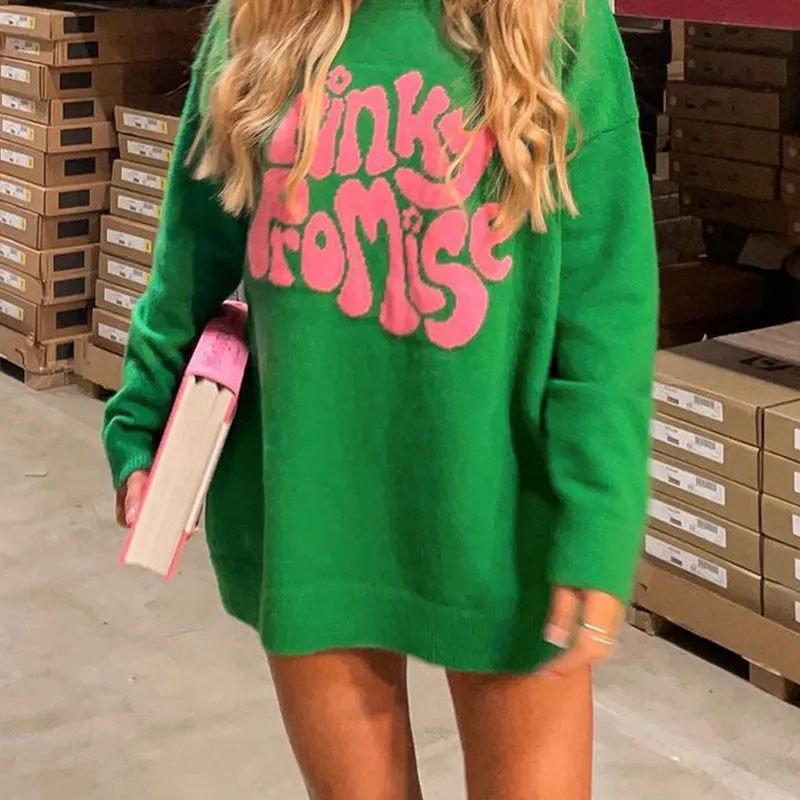 Cozy Lettered Jacquard Knit Oversized Sweater Pullover