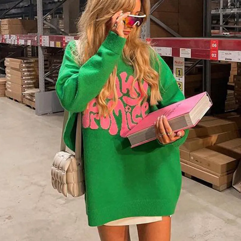 Cozy Lettered Jacquard Knit Oversized Sweater Pullover