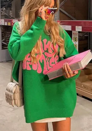 Cozy Lettered Jacquard Knit Oversized Sweater Pullover