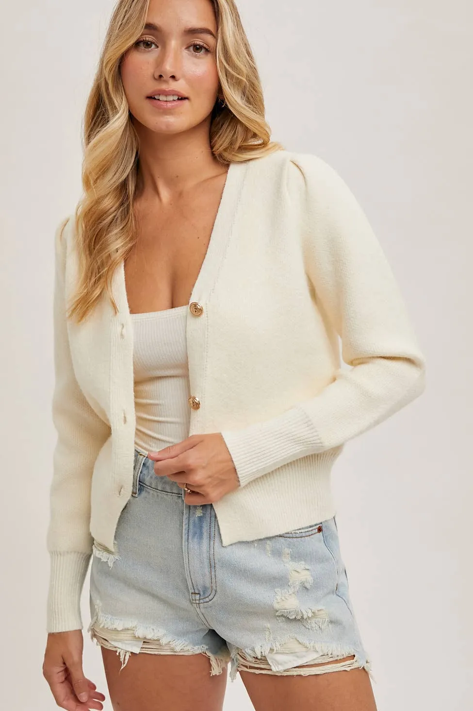 Cream V-Neck Button Down Cardigan