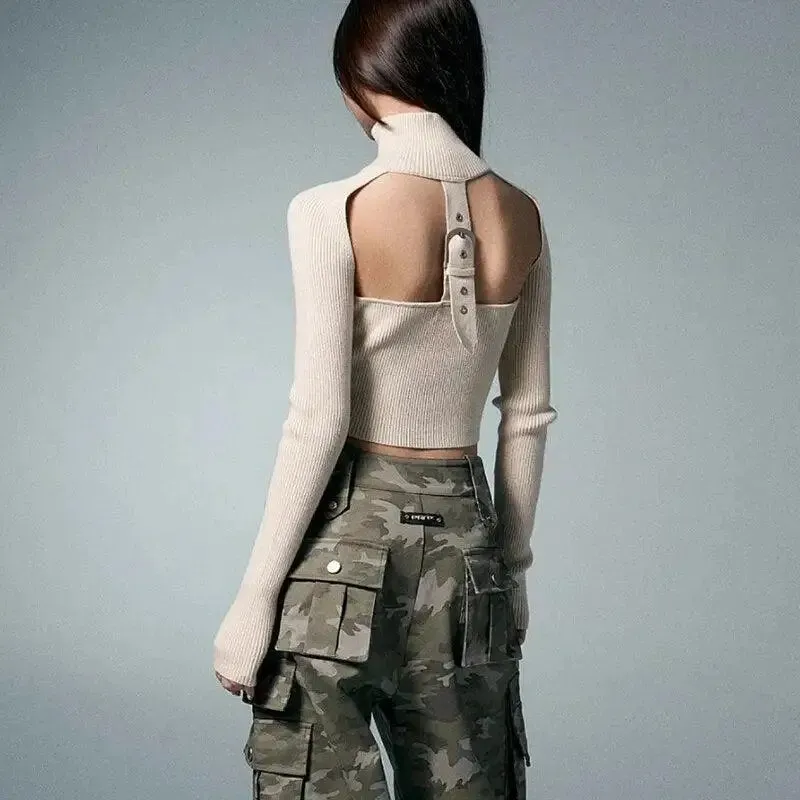 Cropped Grunge Cardigan with Vintage Belted Back for Y2K Style