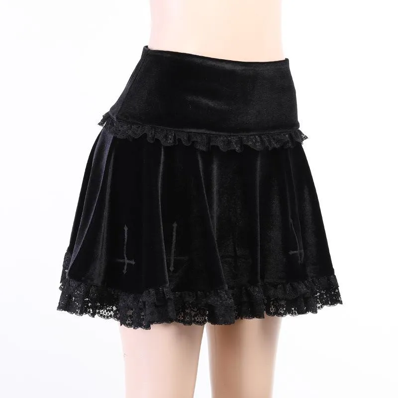Cross Embroidery Lace Velvet Skirt