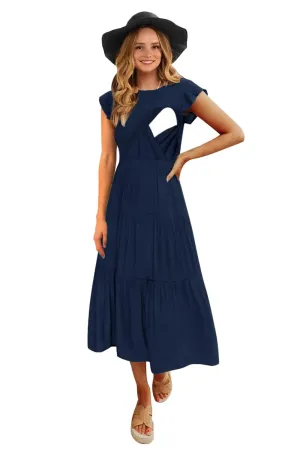CzzzyL Womens Maternity Nursing Dress Short Sleeve Shirred Clothing Swing Hem Mid Length A Line Breathable Baby Shower Ruffle Pleated Dresses(NavyLarge)