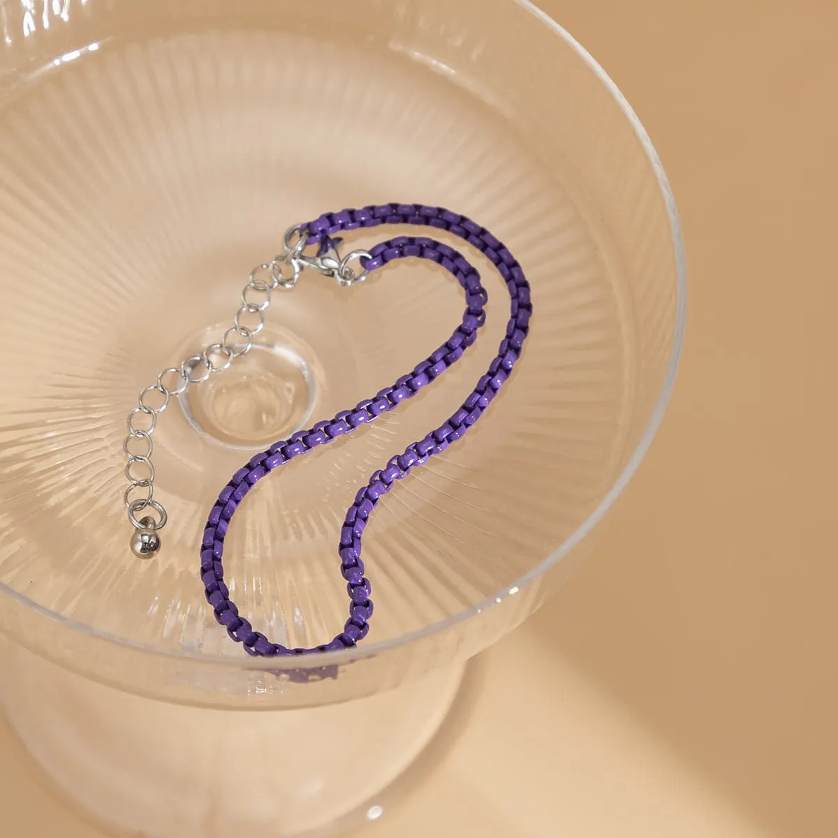 Dark Purple Enamel & Silver-Plated Box Chain Anklet