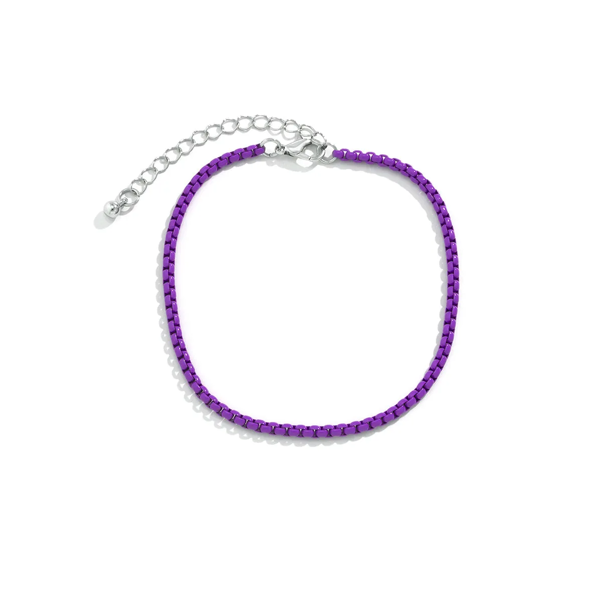 Dark Purple Enamel & Silver-Plated Box Chain Anklet