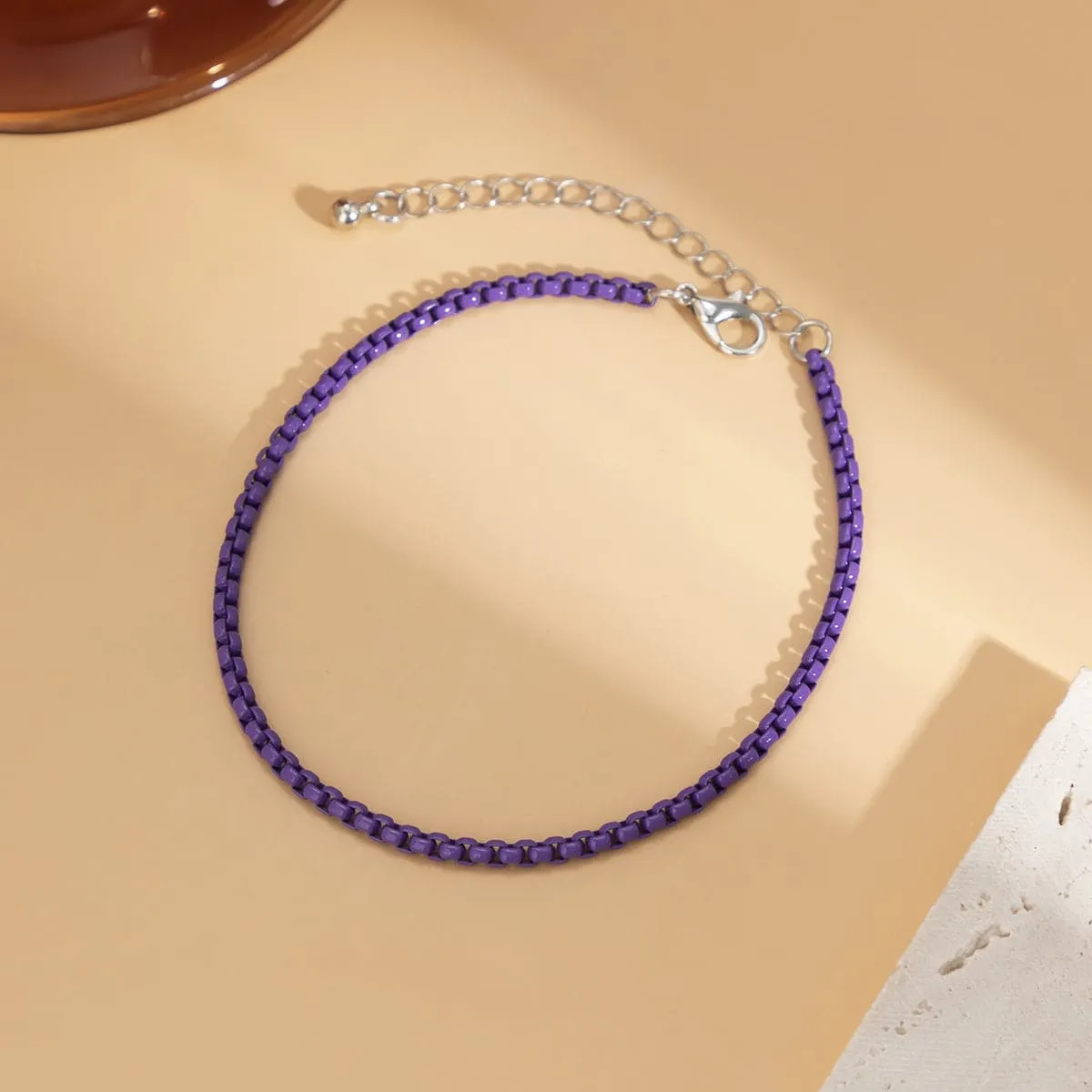 Dark Purple Enamel & Silver-Plated Box Chain Anklet
