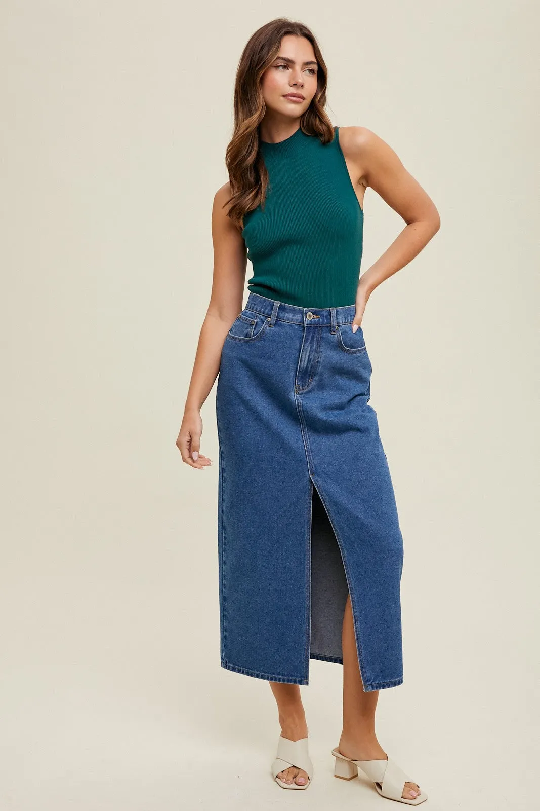 Denim Midi Skirt With Front Slit WL24-8910