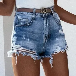 Denis - High Waist Worn Denim Short with Fringe