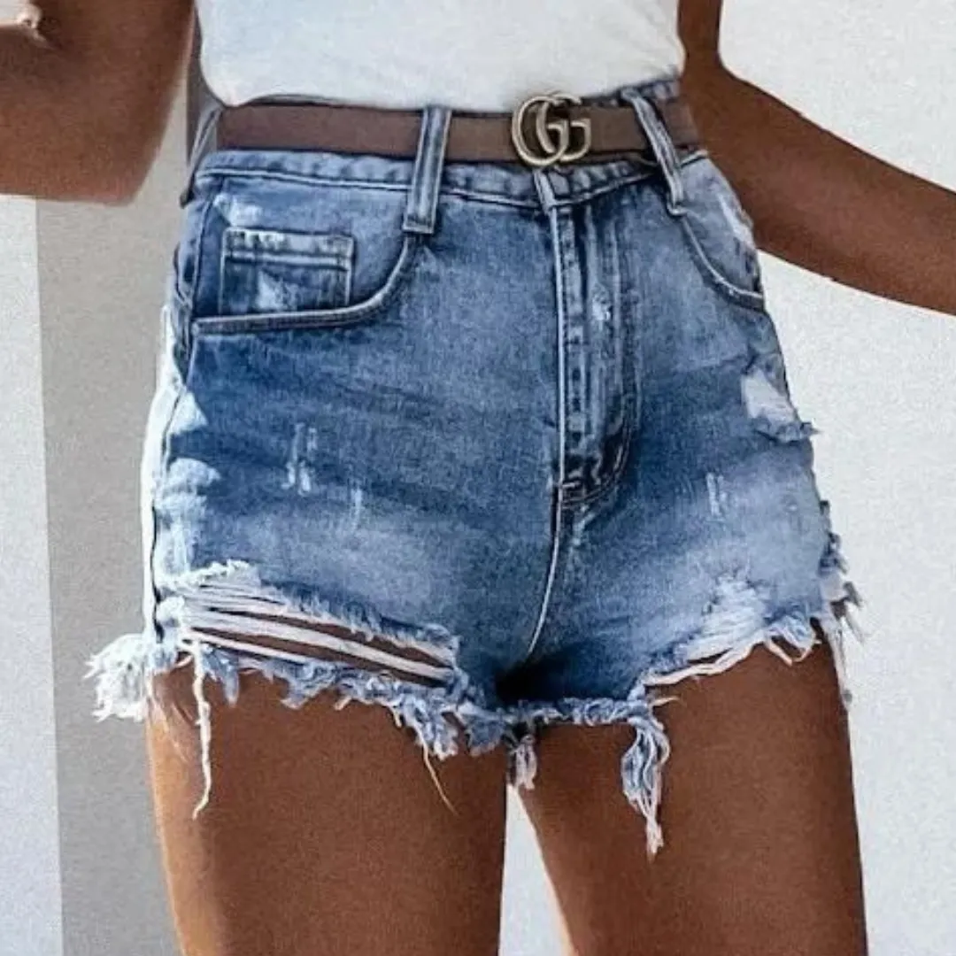 Denis - High Waist Worn Denim Short with Fringe