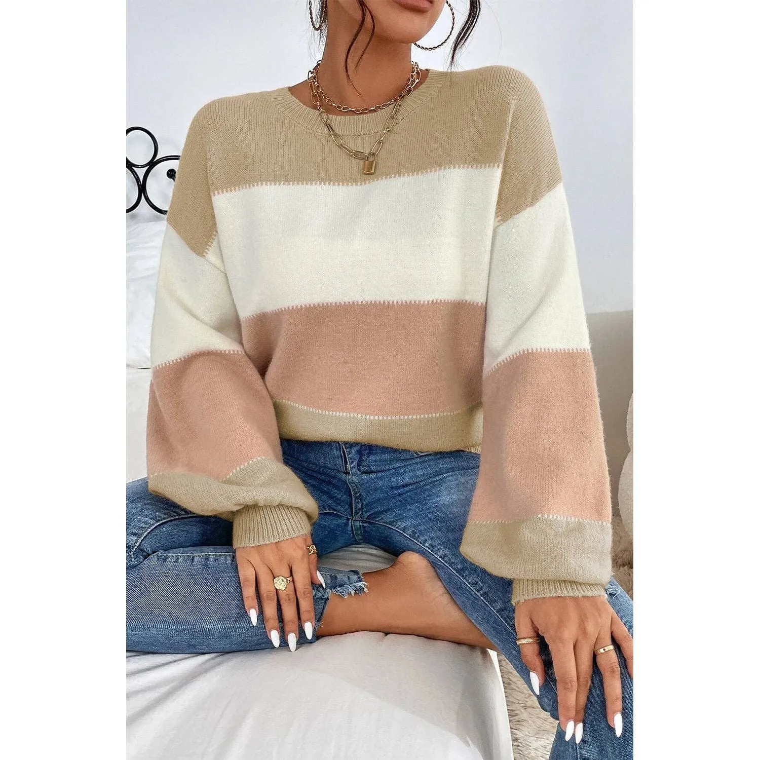 Dusty Pink Color Block Lantern Sleeve Drop Shoulder Sweater