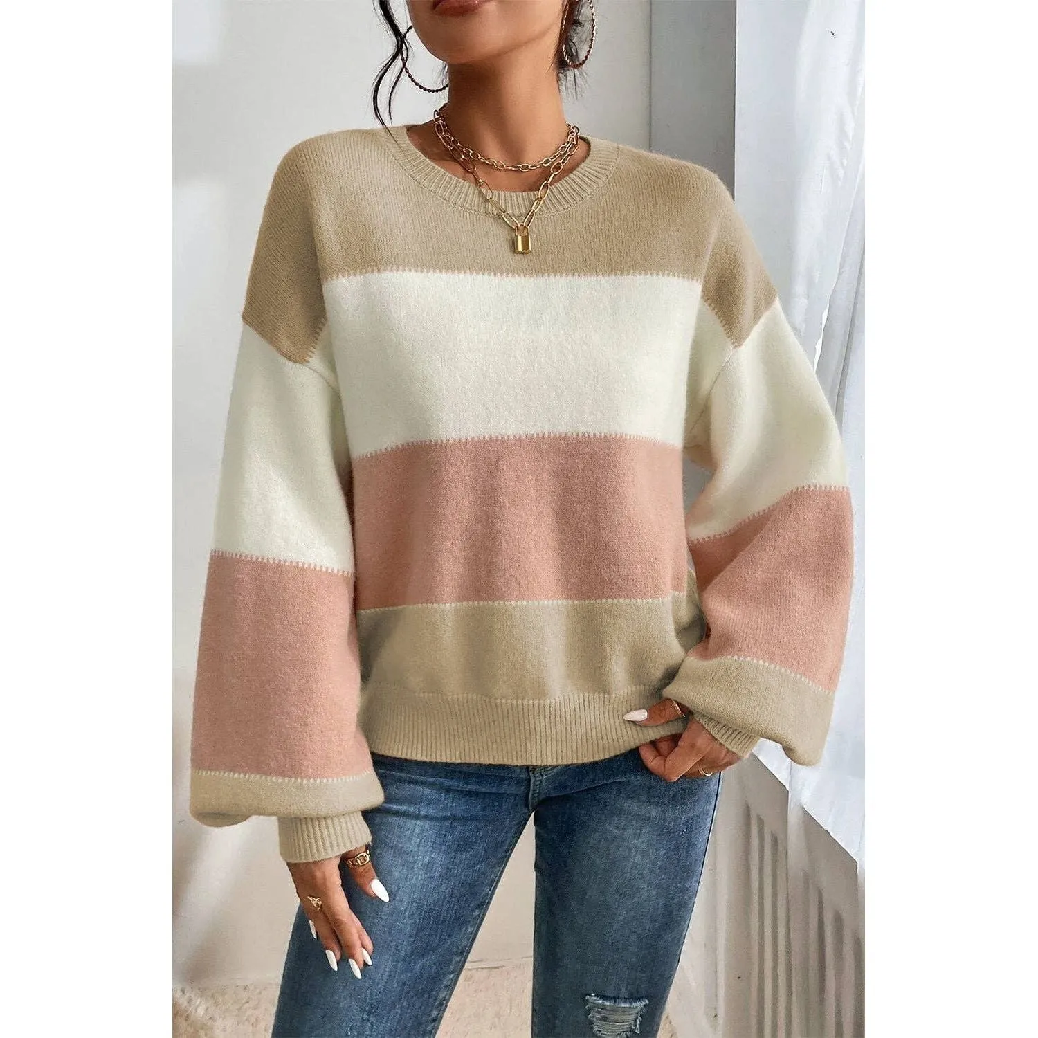 Dusty Pink Color Block Lantern Sleeve Drop Shoulder Sweater