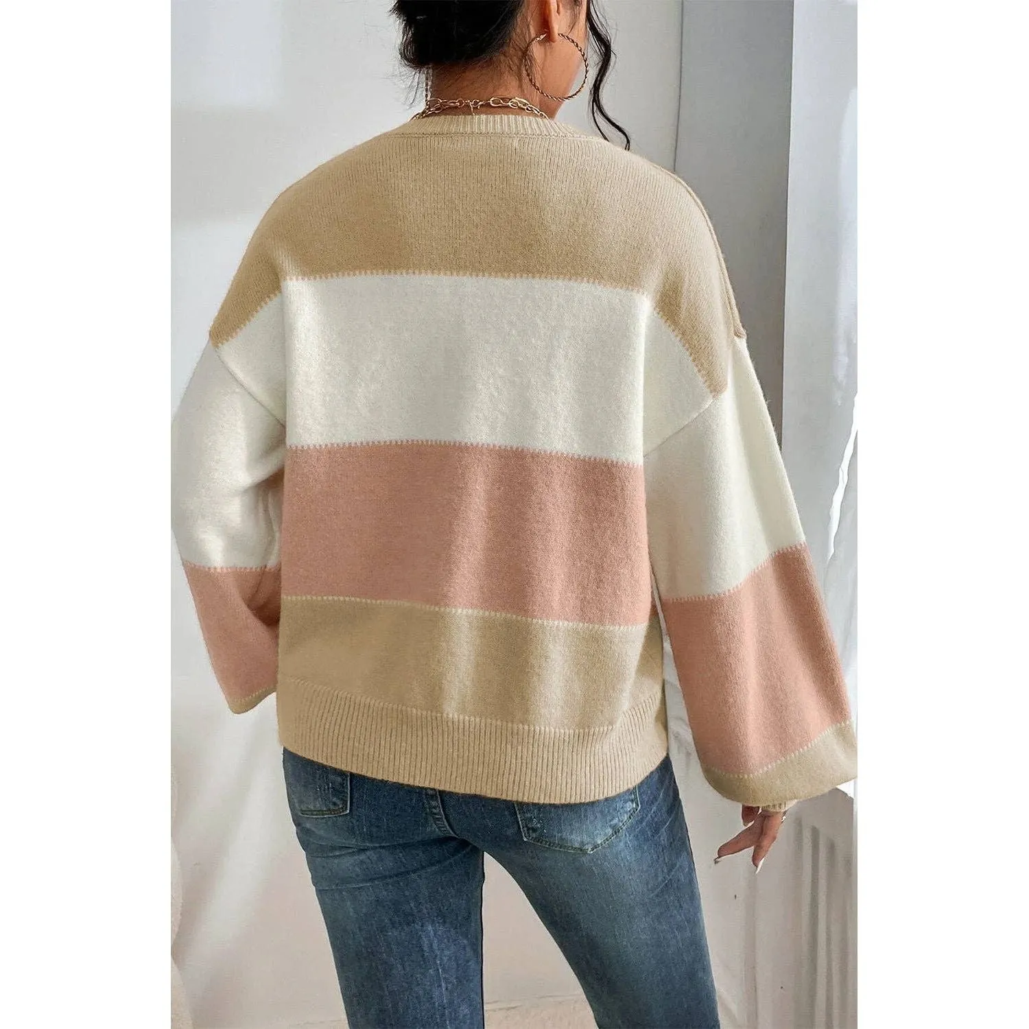 Dusty Pink Color Block Lantern Sleeve Drop Shoulder Sweater