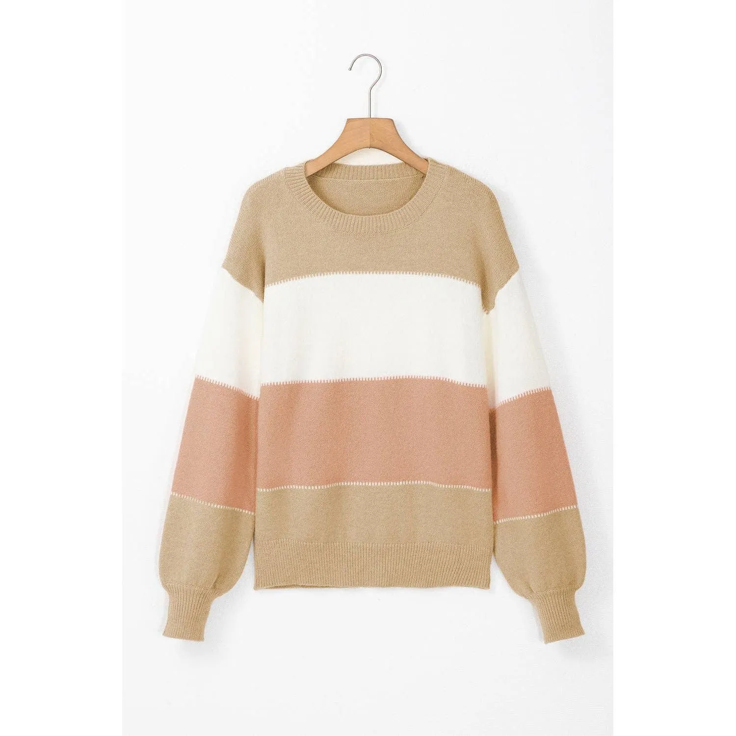 Dusty Pink Color Block Lantern Sleeve Drop Shoulder Sweater