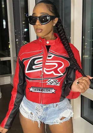Edgy Contrast Embroidery Cropped Moto Jacket with Zipper Front