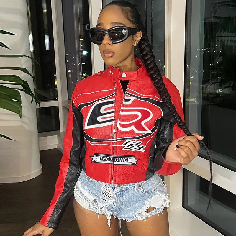 Edgy Contrast Embroidery Cropped Moto Jacket with Zipper Front