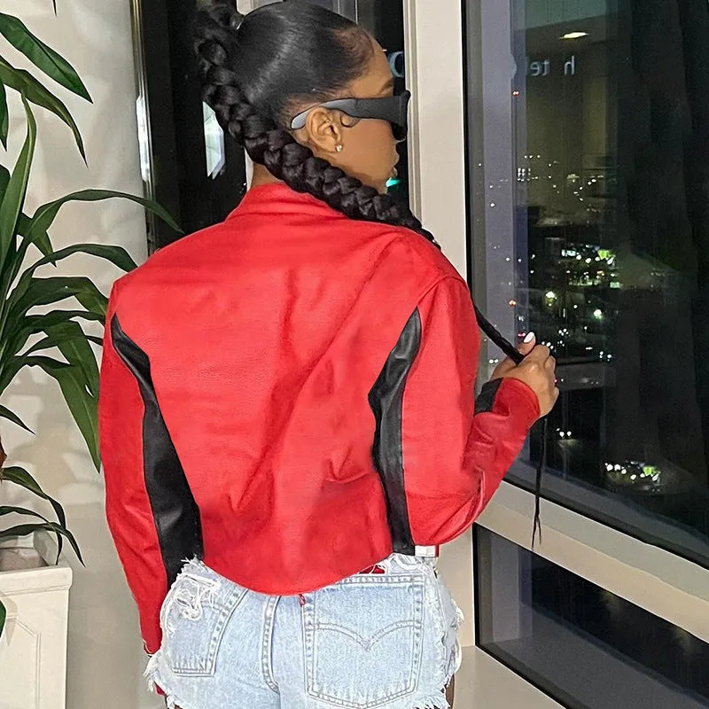 Edgy Contrast Embroidery Cropped Moto Jacket with Zipper Front