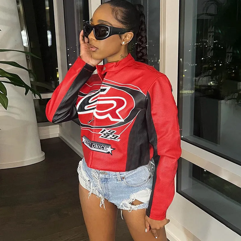 Edgy Contrast Embroidery Cropped Moto Jacket with Zipper Front
