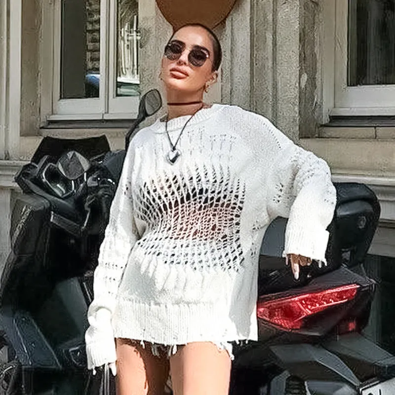 Edgy Hollow Ripped Knit Sweater for Bold Style Lovers
