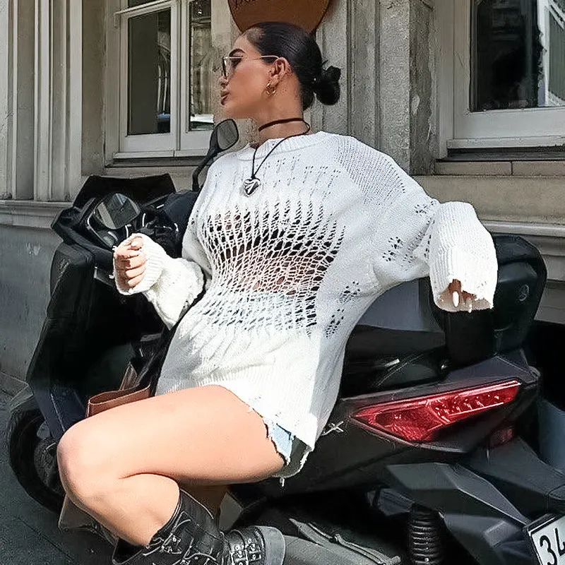 Edgy Hollow Ripped Knit Sweater for Bold Style Lovers