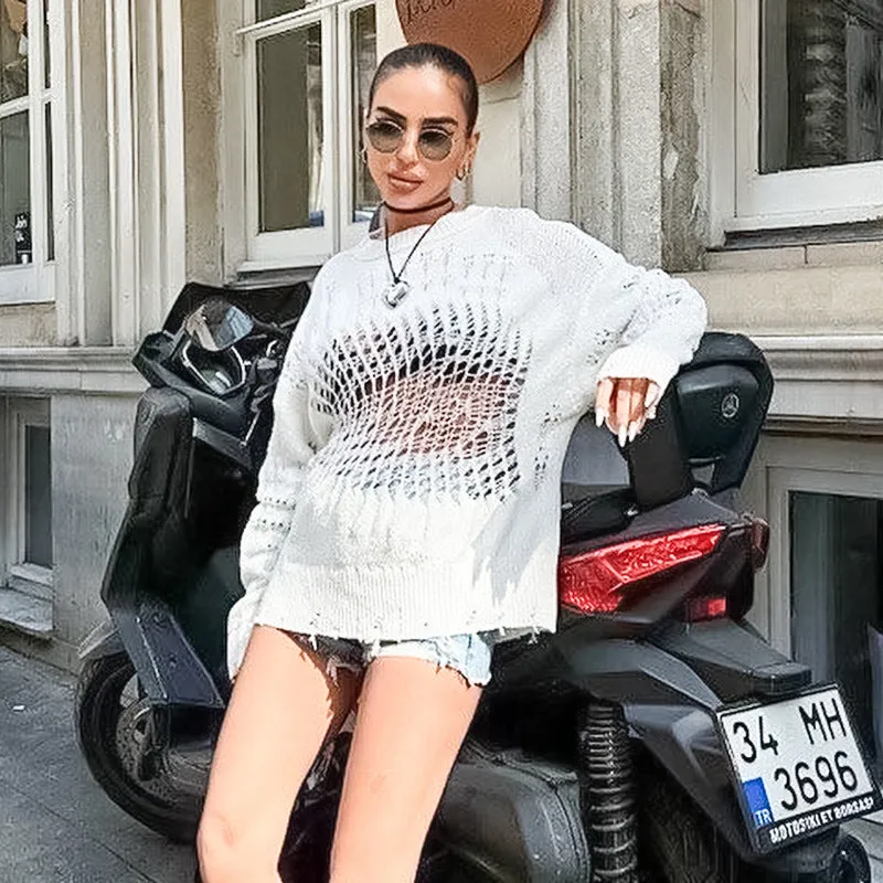 Edgy Hollow Ripped Knit Sweater for Bold Style Lovers