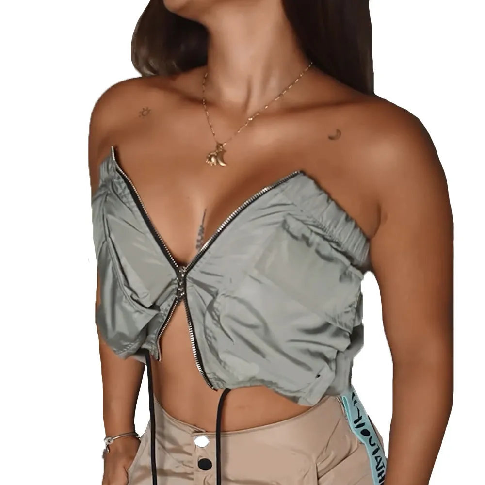 Edgy Strapless Zipper Crop Top with Lace-Up Detail
