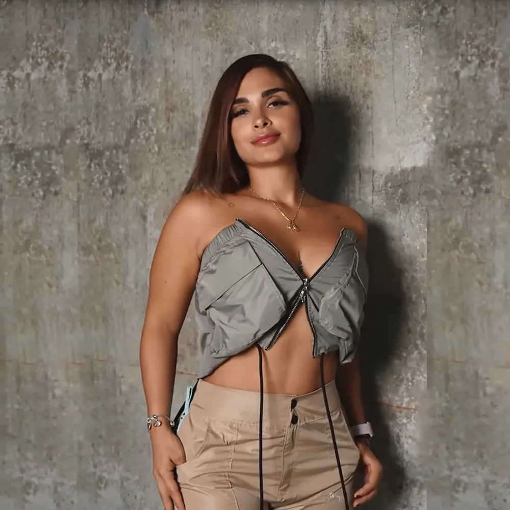 Edgy Strapless Zipper Crop Top with Lace-Up Detail