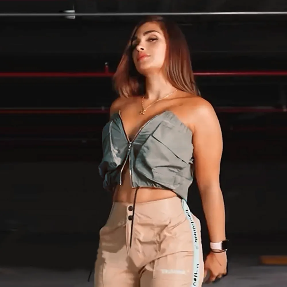 Edgy Strapless Zipper Crop Top with Lace-Up Detail