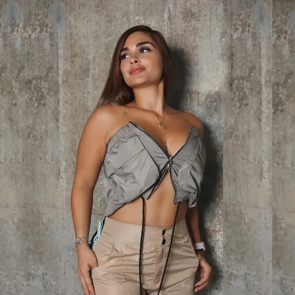Edgy Strapless Zipper Crop Top with Lace-Up Detail