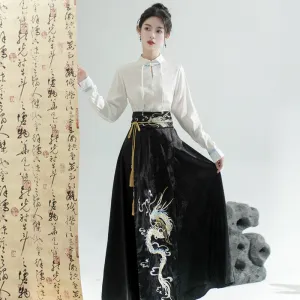 Elegant Black Chinese Lace Up Loose Hight Waist Embroidery Skirts