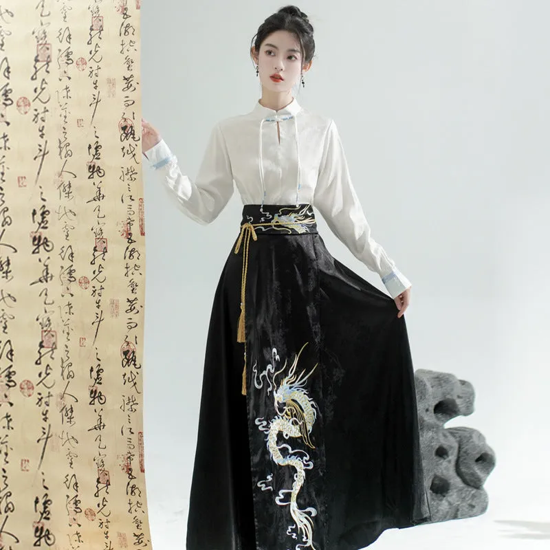 Elegant Black Chinese Lace Up Loose Hight Waist Embroidery Skirts